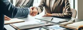 Two business professionals shaking hands in a modern office, with financial documents and a laptop on the desk, symbolizing a trusted financial note buying transaction.