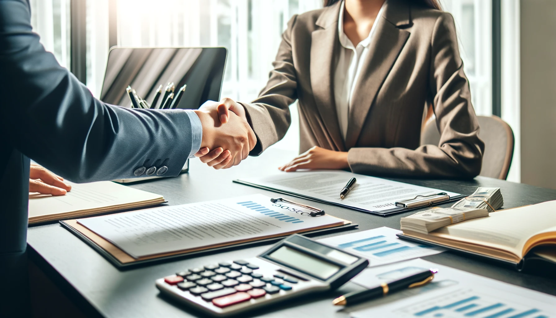 Two business professionals shaking hands in a modern office, with financial documents and a laptop on the desk, symbolizing a trusted financial note buying transaction.