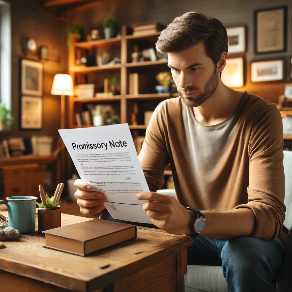 A person in casual attire, seated at a cozy home office desk, thoughtfully reviewing a document labeled "Promissory Note" with a warm, inviting room in the background.