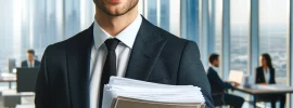 A professional business person smiling, holding a stack of documents in a modern, well-lit office with large windows and a cityscape view. The person appears confident and approachable, ready to discuss financial matters.