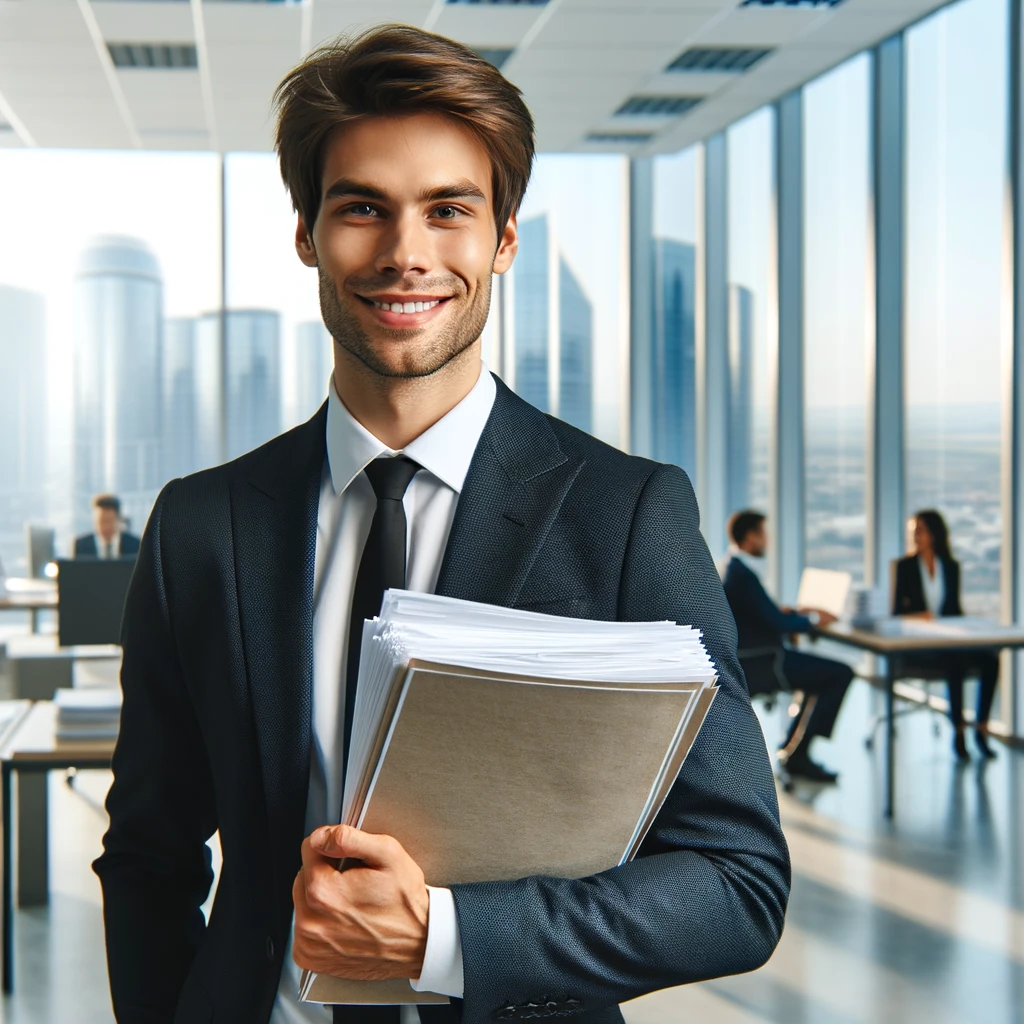 A professional business person smiling, holding a stack of documents in a modern, well-lit office with large windows and a cityscape view. The person appears confident and approachable, ready to discuss financial matters.